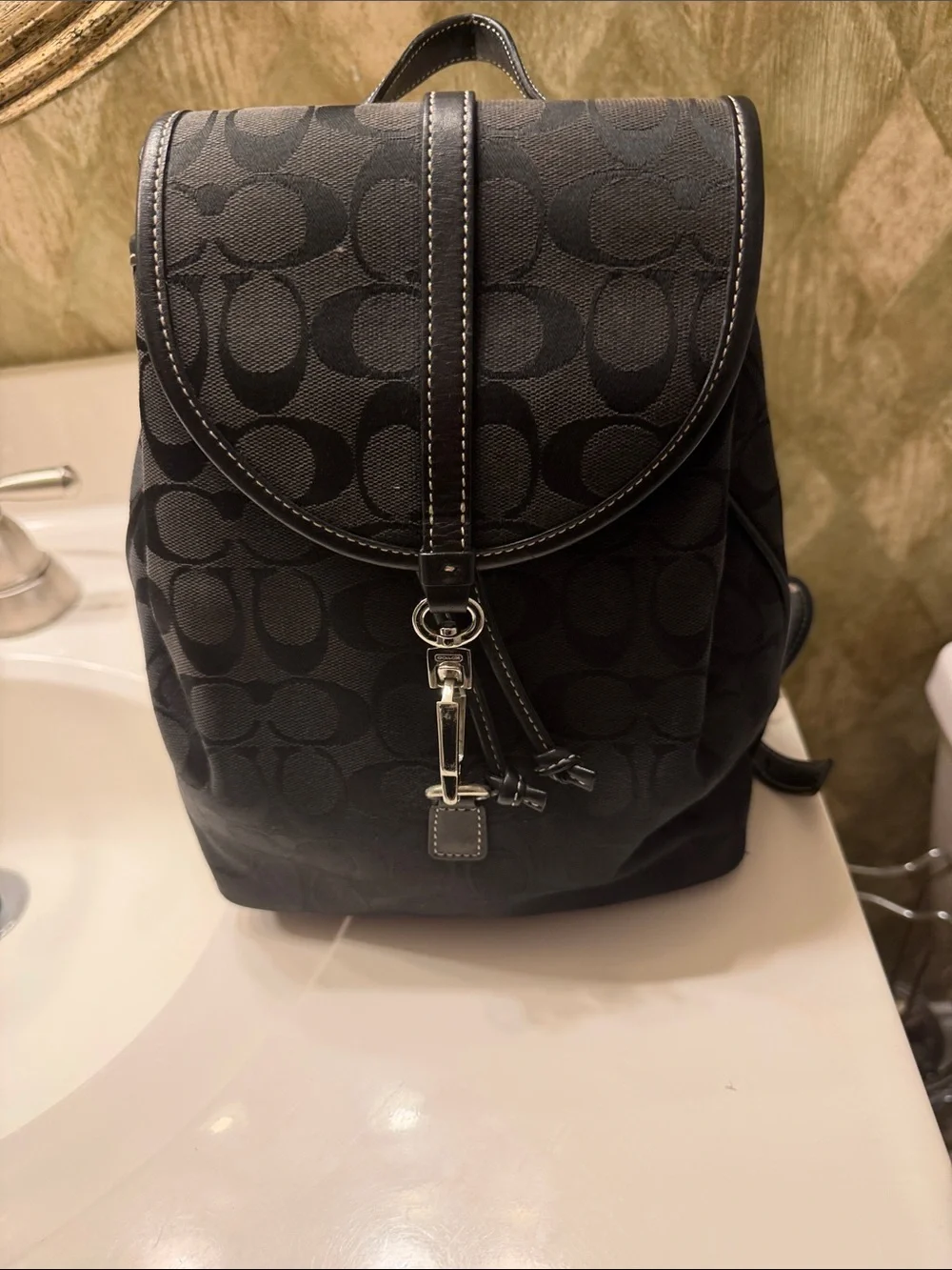 Coach Black Signature Monogram Backpack with Silver Hardware